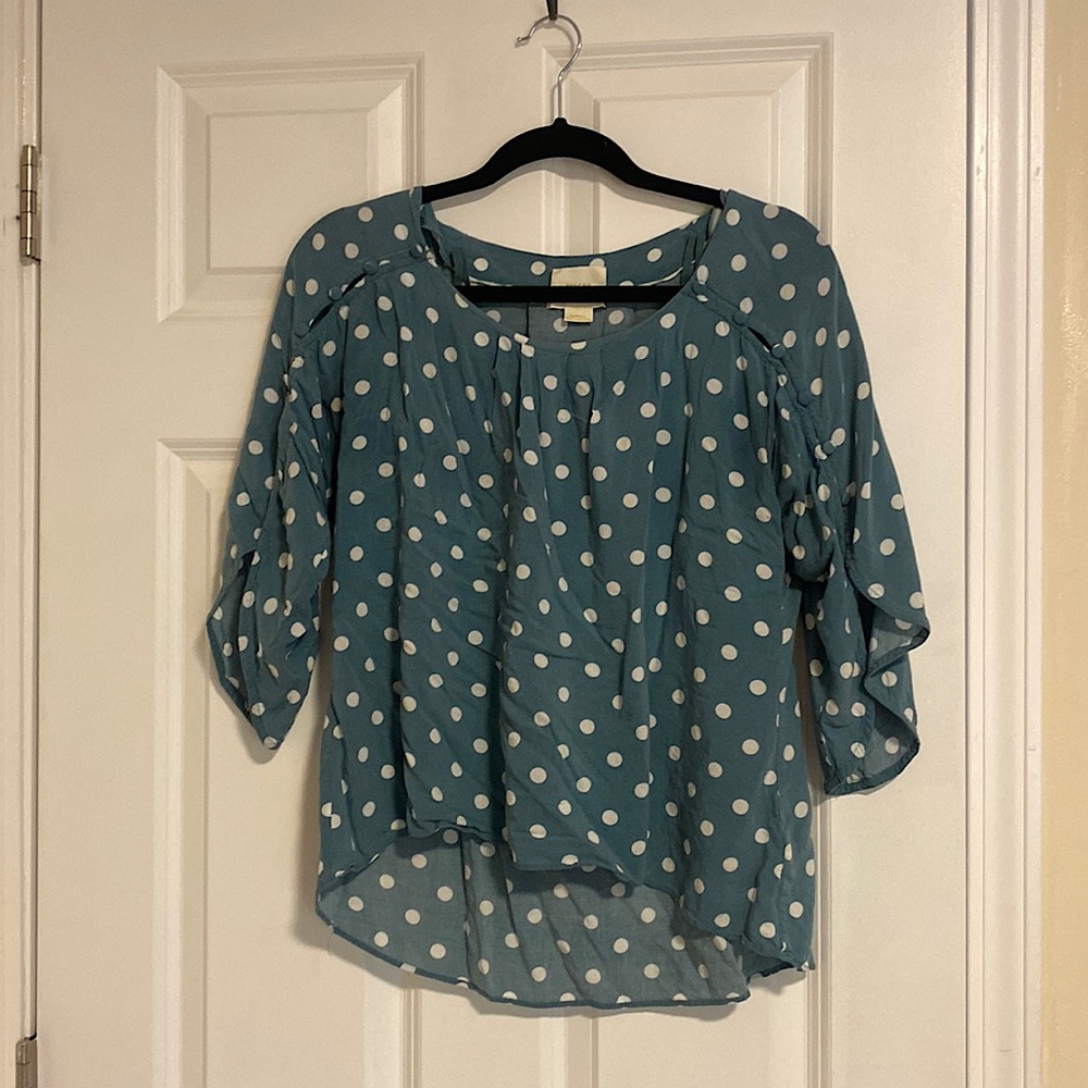 Maeve blue polka dot button blouse | anthropologie
